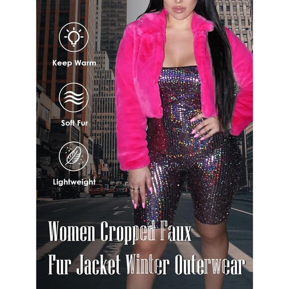 Women's Winter Faux Fur Long Sleeve Jacket Shaggy Open Front Cardigan Deep Pink - Picture 6 of 7